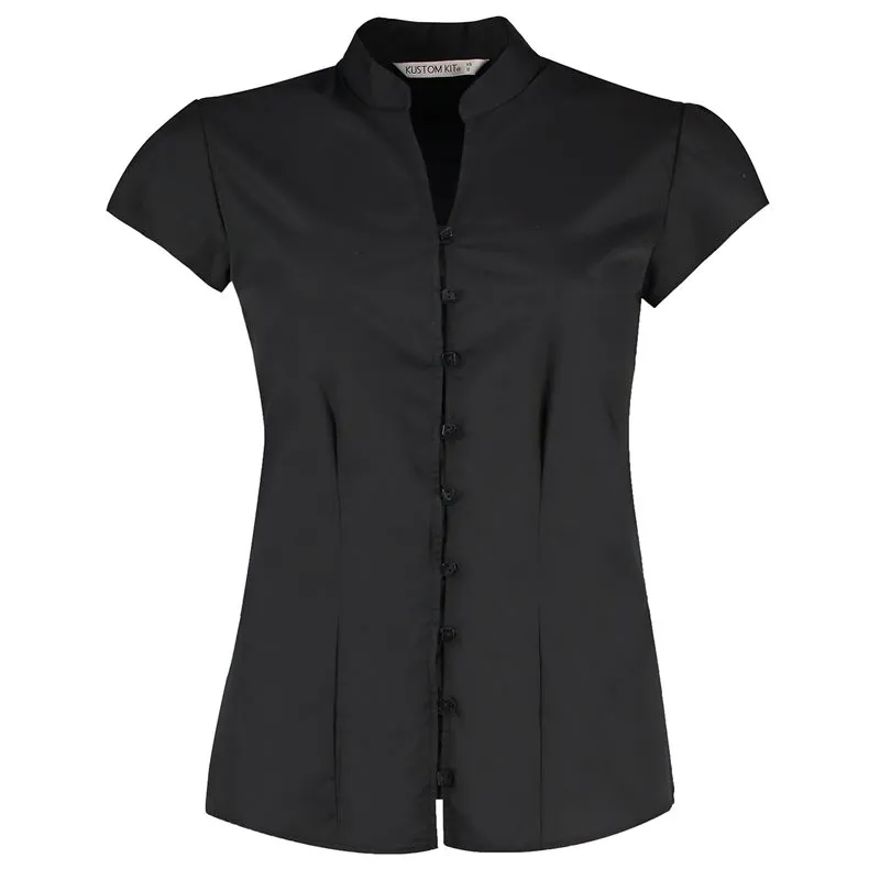 Womens Continental Blouse Mandarin Collar Cap Sleeve Tailored Fit Womens Continental Blouse Mandarin Collar Cap Sleeve Tailored Fit
