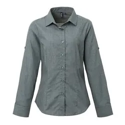 Womens Poplin Crossdye Roll Sleeve Shirt