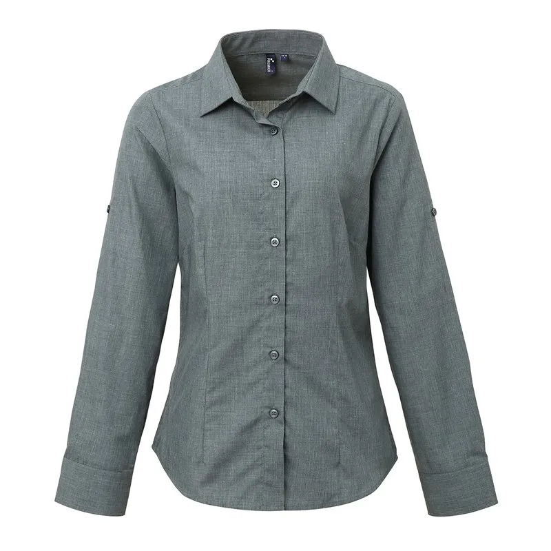 Womens Poplin Crossdye Roll Sleeve Shirt