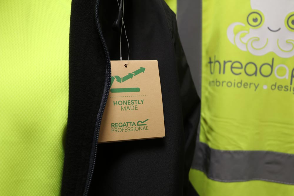 close up of sustainable workwear label